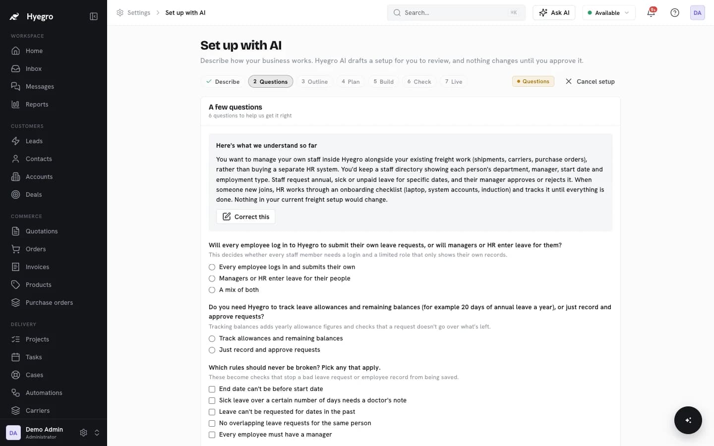 Set up with AI asking clarifying questions