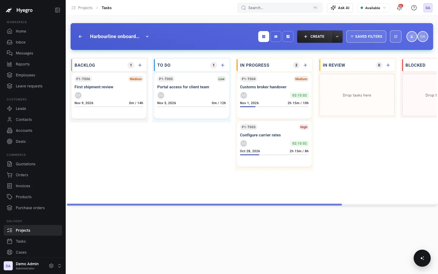 Project management workspace in Hyegro